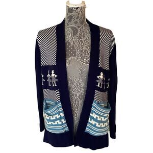 Vintage Eileen Ethnic Print Open Sweater Cardigan Blue